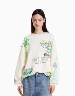 BERSHKA Sweat imprimé Écru Store