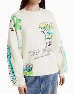 BERSHKA Sweat imprimé Écru Store