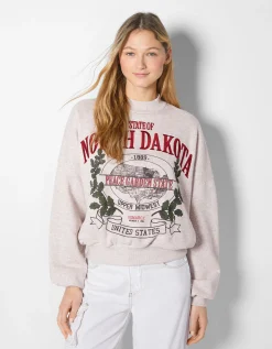 BERSHKA Sweat imprimé broderie Sable Cheap