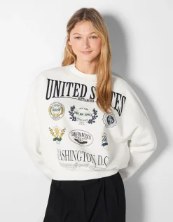 BERSHKA Sweat imprimé broderie Sable New