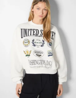 BERSHKA Sweat imprimé broderie Sable New