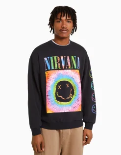 BERSHKA Sweat imprimé Nirvana Gris Clearance