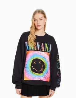 BERSHKA Sweat imprimé Nirvana Gris Clearance