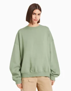 BERSHKA Sweat oversize col rond Noir New