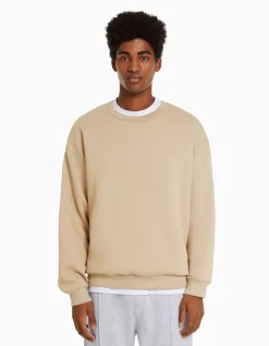 BERSHKA Sweat oversize col rond Noir Outlet