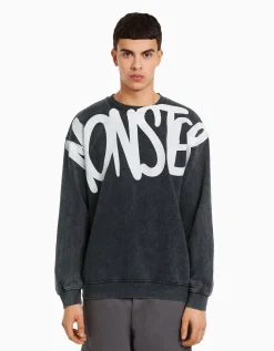 BERSHKA Sweat oversize effet délavé imprimé Argent Cheap
