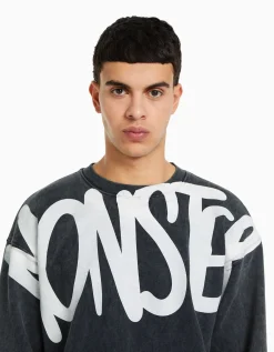 BERSHKA Sweat oversize effet délavé imprimé Argent Cheap