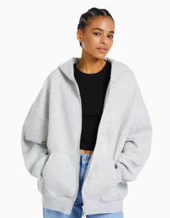 BERSHKA Sweat zippé capuche oversize Gris Shop
