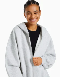 BERSHKA Sweat zippé capuche oversize Gris Hot