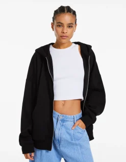 BERSHKA Sweat zippé capuche oversize Noir Flash Sale