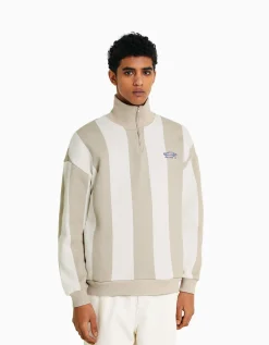 BERSHKA Sweat zippé rayures Gris Cheap