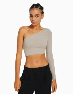 BERSHKA Top asymétrique manche longue Noir Outlet