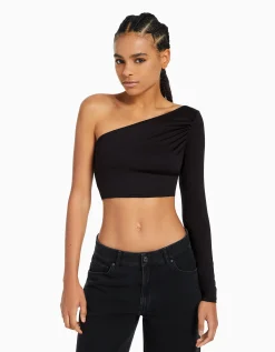 BERSHKA Top asymétrique manche longue Noir Outlet