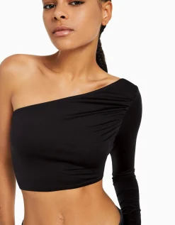 BERSHKA Top asymétrique manche longue Noir Outlet