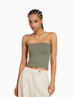 BERSHKA Top bandeau Blanc cassé Discount