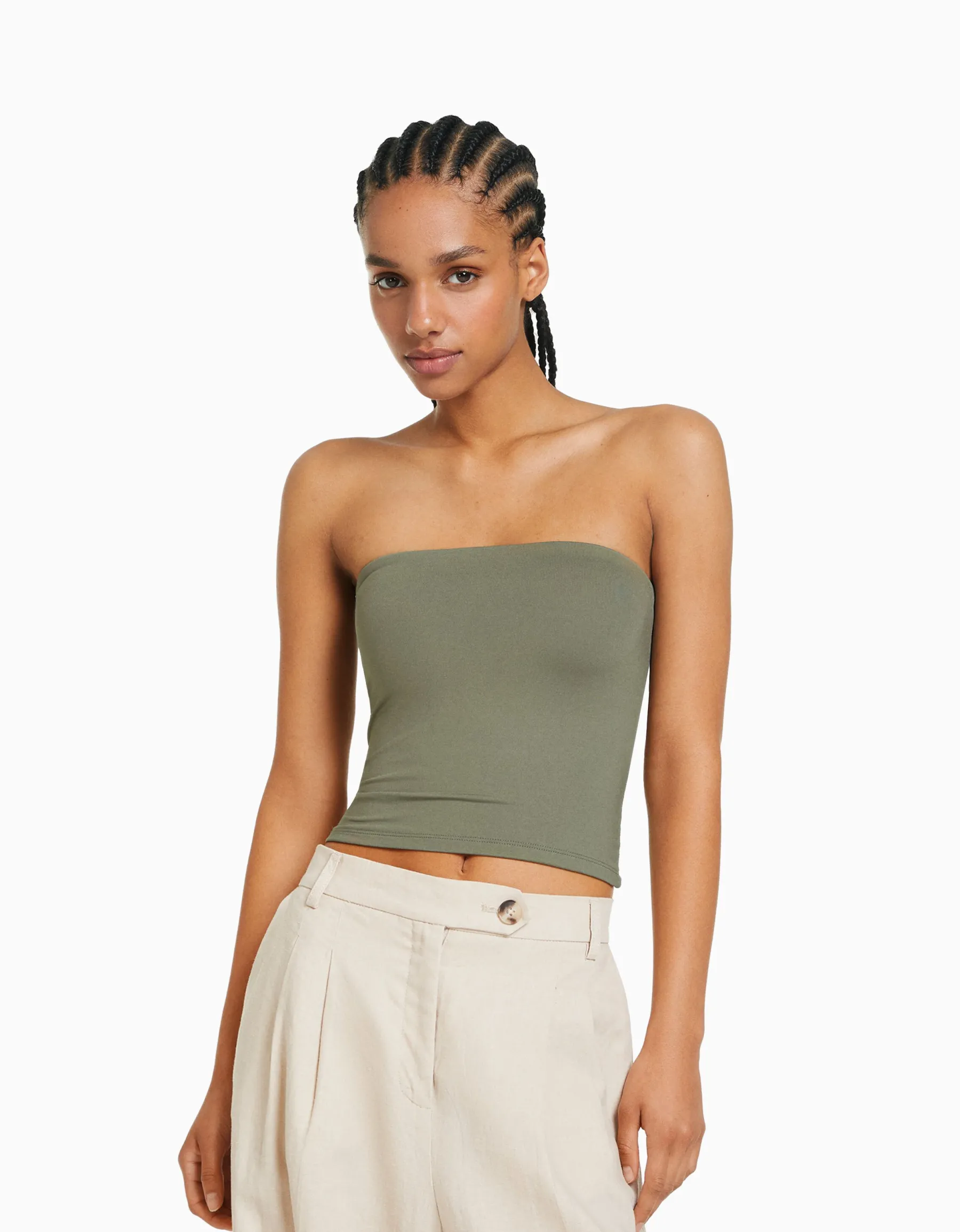 BERSHKA Top bandeau Blanc cassé Discount