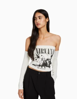 BERSHKA Top bandeau manches longues imprimé Nirvana Blanc Shop