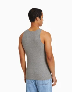 BERSHKA Top bretelles bord-côte Gris Discount