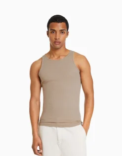 BERSHKA Top bretelles bord-côte Camel Cheap