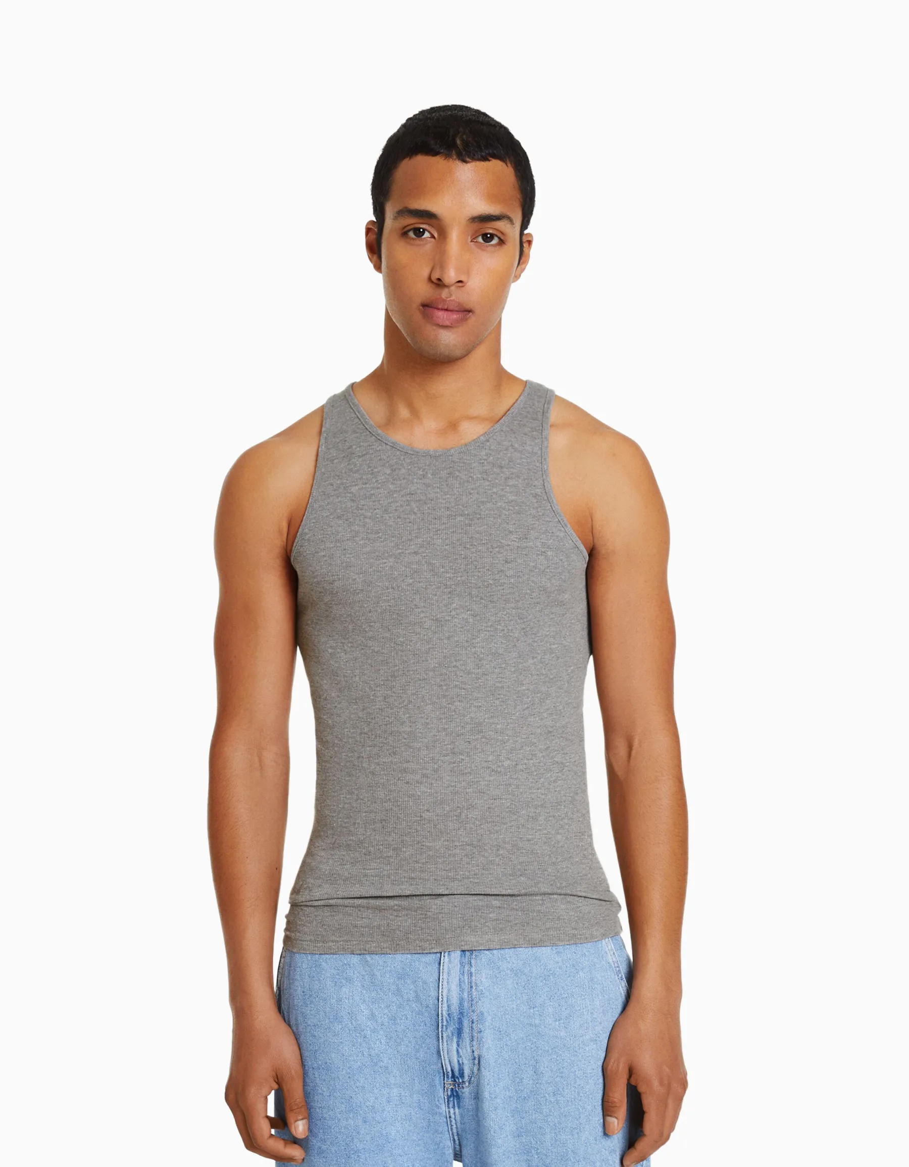 BERSHKA Top bretelles bord-côte Gris Shop