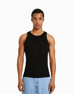 BERSHKA Top bretelles bord-côte Noir Cheap