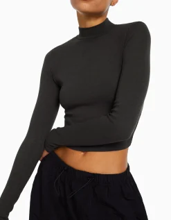 BERSHKA Top col montant manches longues Blanc cassé Cheap