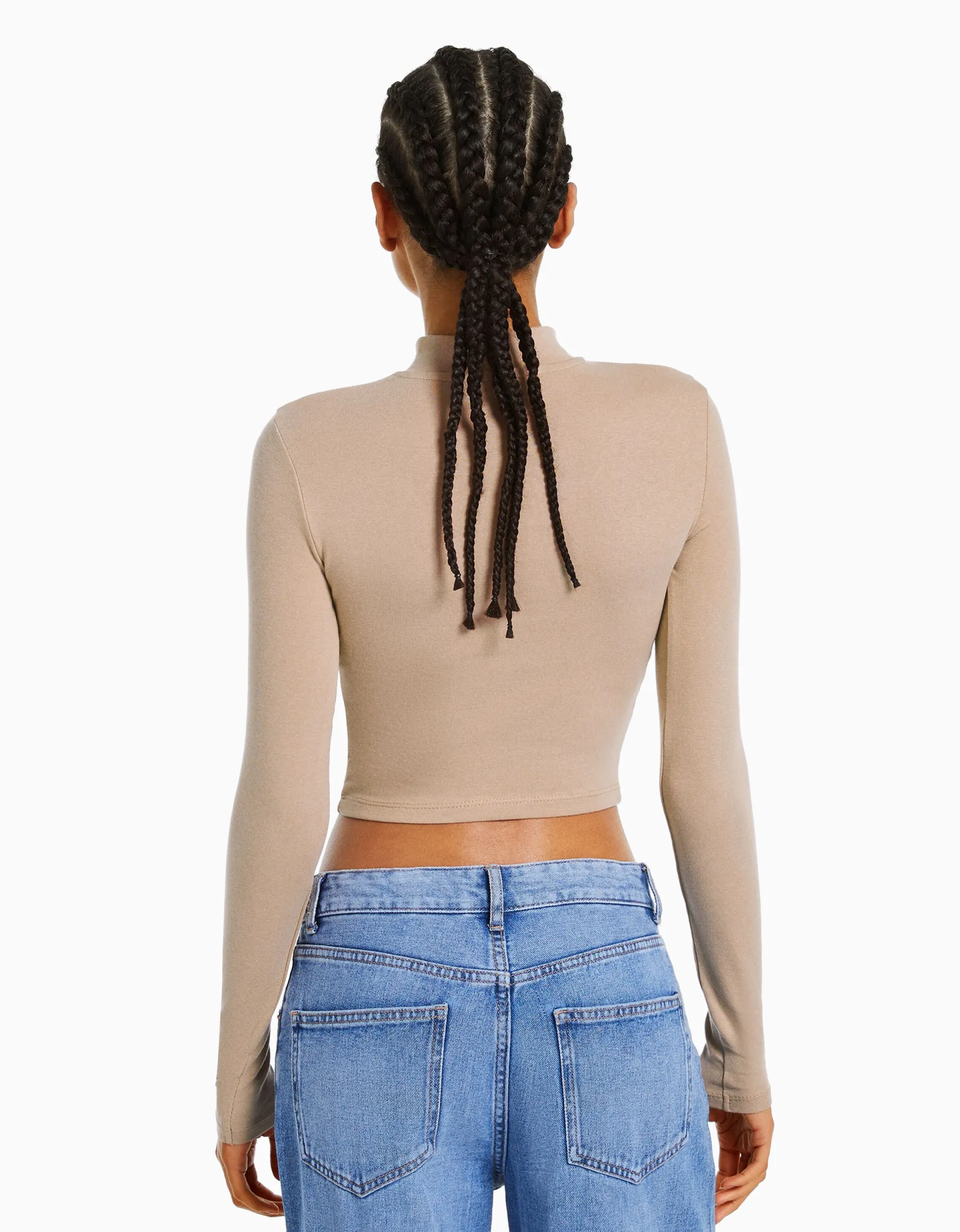 BERSHKA Top col montant manches longues Blanc cassé Shop