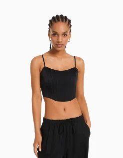 BERSHKA Top corset bretelles satiné Noir Best Sale