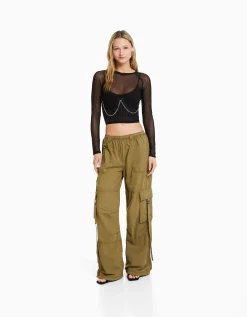 BERSHKA Top corset organza chaîne Noir New