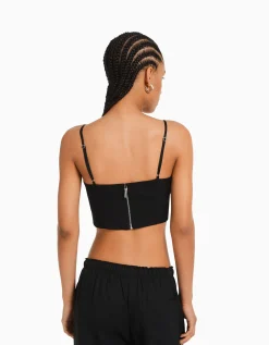 BERSHKA Top corset satiné bretelles fines Noir Discount