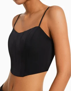 BERSHKA Top corset satiné bretelles fines Noir Discount