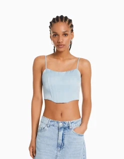 BERSHKA Top corset satiné bretelles fines Noir Best