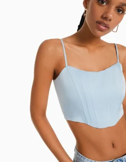 BERSHKA Top corset satiné bretelles fines Noir Best