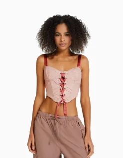 BERSHKA Top corset similicuir bretelles et laçage satinés Rose Best Sale