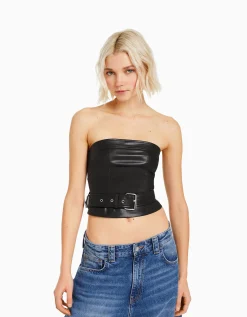 BERSHKA Top corset similicuir ceinture Noir New