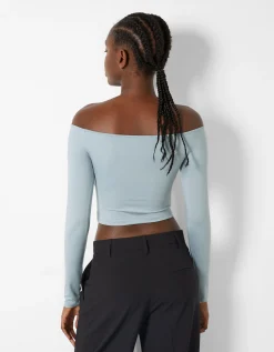 BERSHKA Top cropped manches longues col style Bardot fronces Noir Store