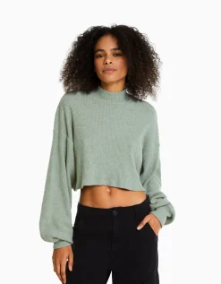 BERSHKA Top cropped manches longues col montant Vert Clearance