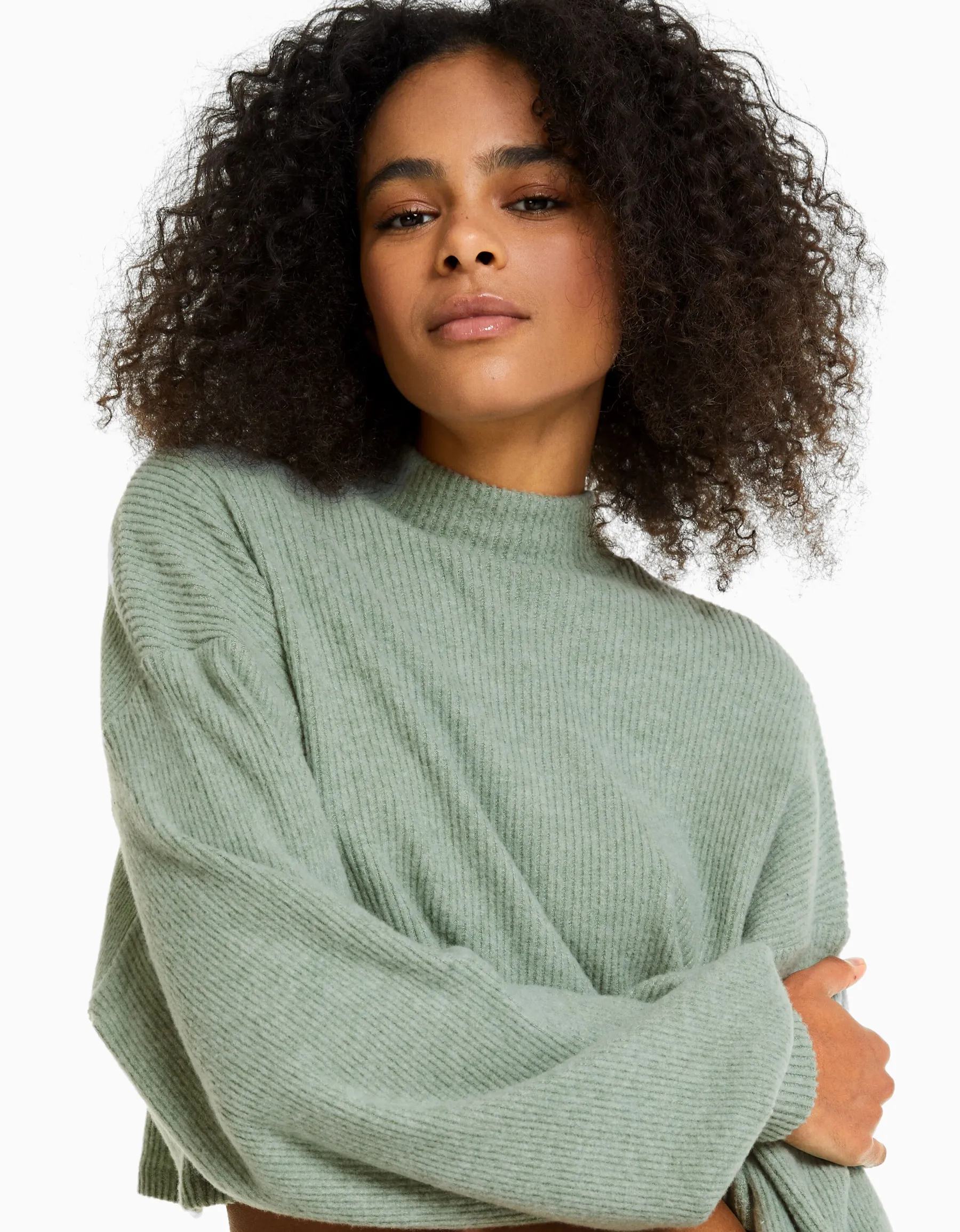 BERSHKA Top cropped manches longues col montant Vert Clearance