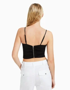 BERSHKA Top froncé détail décolleté Noir Discount