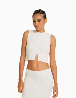 BERSHKA Top maille rustique Écru Shop