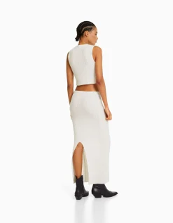 BERSHKA Top maille rustique Écru Shop