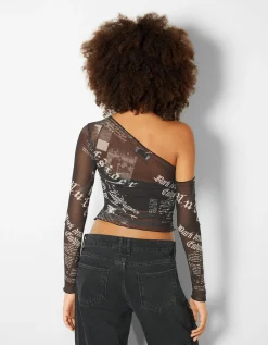 BERSHKA Top manches longues asymétrique tulle Blanc / Noir Best Sale