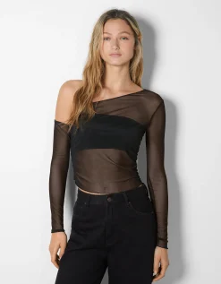 BERSHKA Top manches longues asymétriques tulle Blanc / Noir Fashion