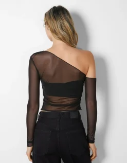 BERSHKA Top manches longues asymétriques tulle Blanc / Noir Fashion