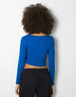 BERSHKA Top manches longues bord-côte texturé Noir Discount