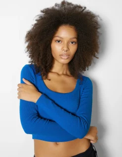BERSHKA Top manches longues bord-côte texturé Noir Discount