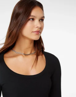 BERSHKA Top manches longues bord-côte texturé Noir Fashion