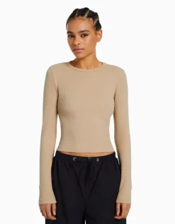 BERSHKA Top manches longues bord-côte Camel Outlet