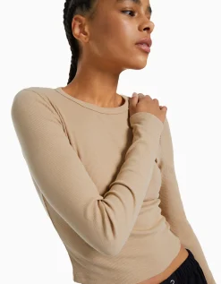 BERSHKA Top manches longues bord-côte Camel Outlet