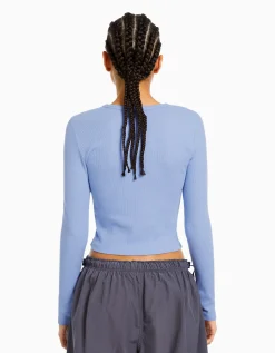 BERSHKA Top manches longues bord-côte Bleu clair Fashion